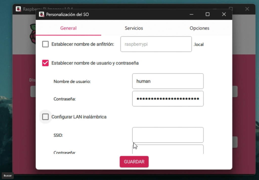 Configuraciones avanzadas - raspberry pi imager -AlgoritmoX86
