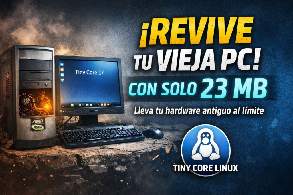 Linux ligero Tiny Core 17 funcionando en computadora antigua de 32 bits con consumo de 50MB RAM