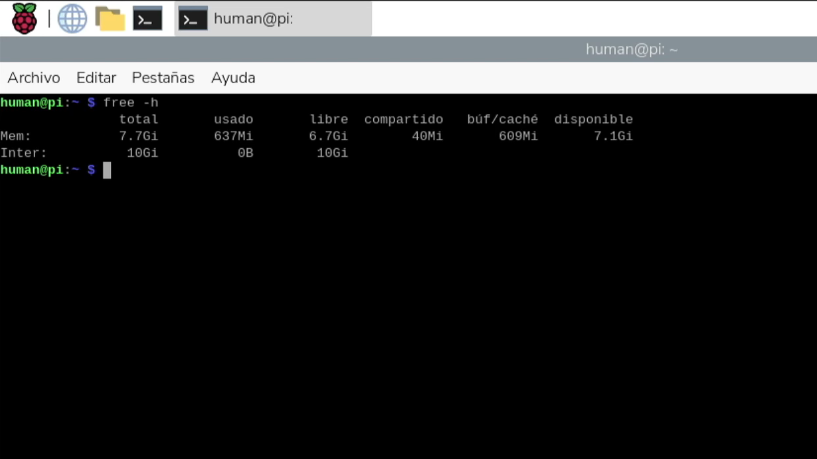 Consumo de memoria RAM en reposo de Raspberry Pi Desktop para PC mostrando 637 MiB usados en la terminal