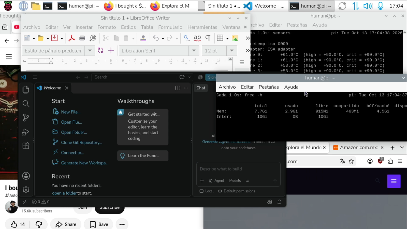 Prueba de estrés en Raspberry Pi Desktop con múltiples ventanas web, video a 720p, VS Code, LibreOffice y monitoreo en terminal